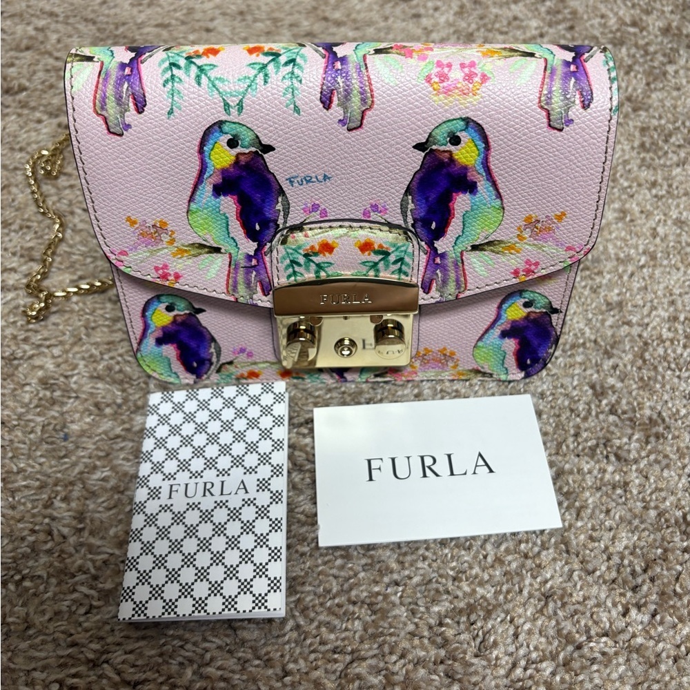 Furla Metropolis Mini Crossbody Bag womens authentic luxury pink gold floral EUC - Picture 3 of 17